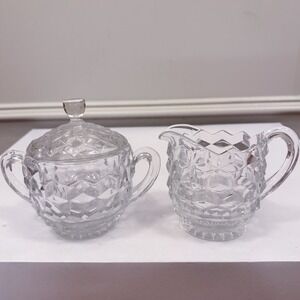 Vintage Fostoria American Sugar Bowl Clear Handled With Lid And Creamer Set